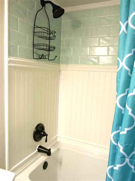 The black and white mosaic plays nicely with white <strong>beadboard</strong> and. . Plastic beadboard shower surround